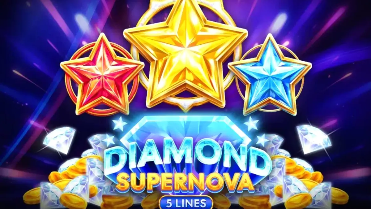 หน้าจอเกมสล็อต Diamond Supernova ที่เต็มไปด้วยเพชรและสัญลักษณ์คลาสสิกท่ามกลางห้วงอวกาศ