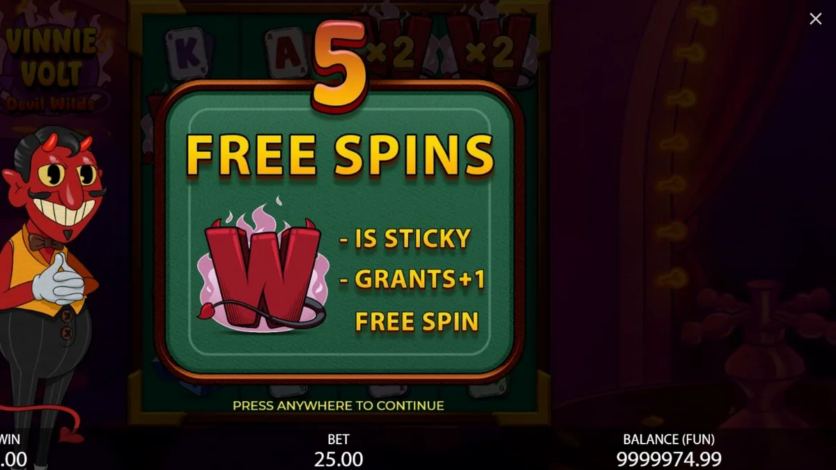 Vinnie Volt: Devil Wilds slot machine interface with cartoon devil character